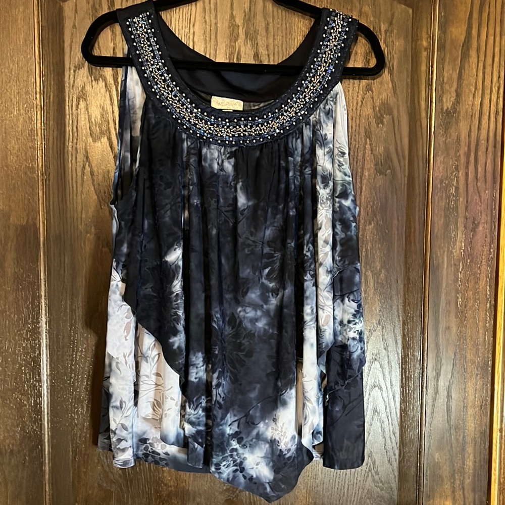 Embellished blue layered sleeveless blouse